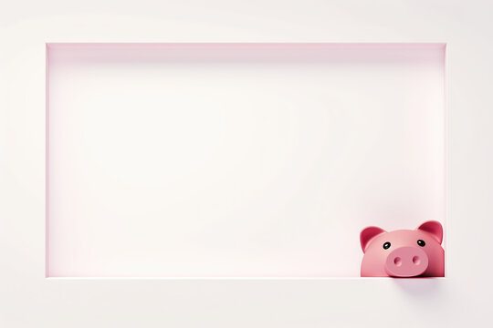 Pink piggy bank in frame with empty space