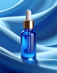 Naklejka premium A blue glass bottle with a dropper on a blue fabric background