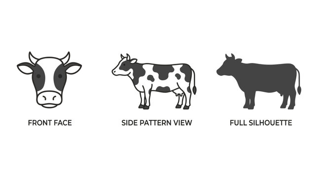 Black and white cow front face, side pattern, and full silhouette vector icons