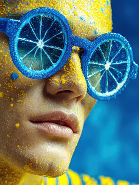 stylish young man with huge blue glasses made of blue lemon slices instead of lenses, juicy drops, absurd fashion joke, Surreal Silliness