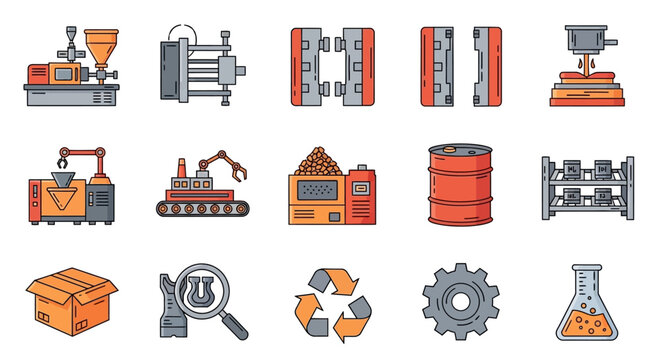 Industrial icons and machinery symbols.