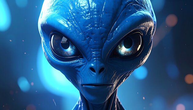 A blue alien with large eyes stares forward