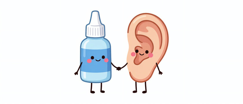 An adorable, minimalist cartoon illustration featuring a blue ear drop bottle with a happy face holding hands with a smiling human ear on a plain white background.