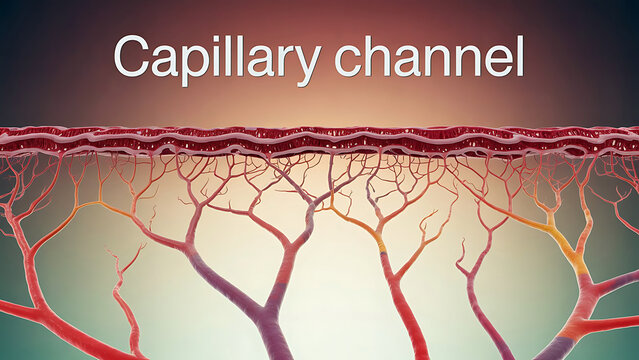 Human capillary channel system with red and orange blood vessels under the skin  detailed medical illustration