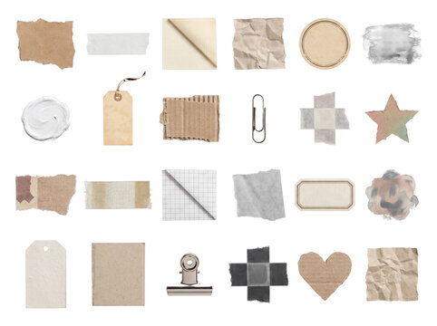 Collection of torn paper cardboard tape and scrapbook design elements