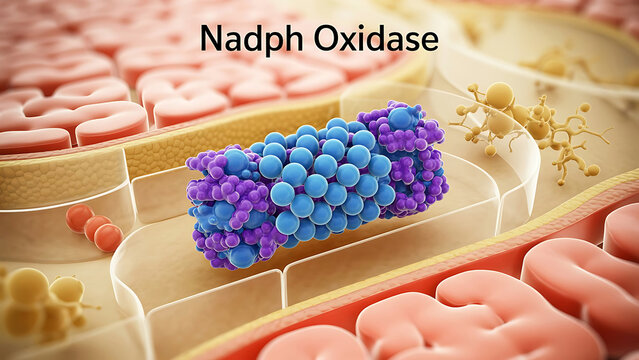 Nadph oxidase enzyme complex molecular structure with blue and purple spheres in cell membrane  biological and medical concept