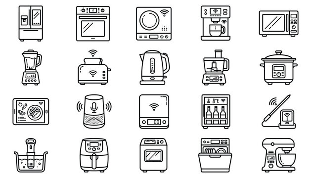 Smart kitchen appliances collection vector illustration with modern home device line art icons.