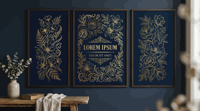 Set of three luxury triptych wall art frames with golden floral line art on dark blue background