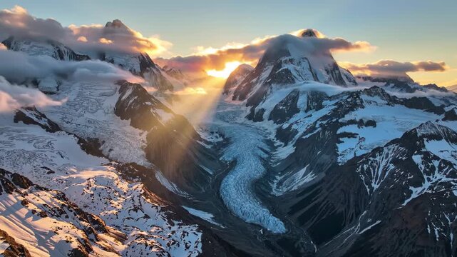 Majestic snow-capped mountain range at sunrise, sun rays beaming through clouds, dramatic alpine landscape, inspiring adventure, exploration, and nature's beauty