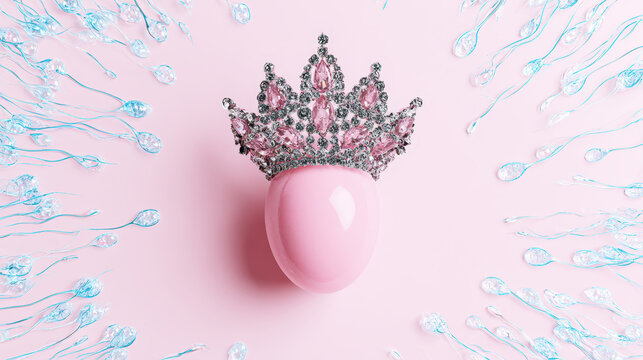 An egg with a crown surrounded by sperm. Concept of fertility and successful conception.