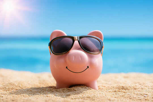 Piggy bank on beach as vacation savings concept