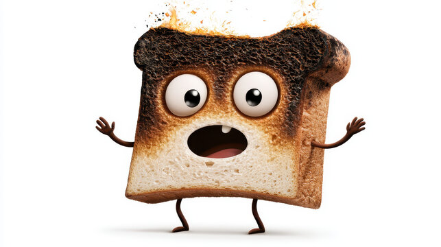 Funny cartoon burnt toast with big eyes, scared expression on white background