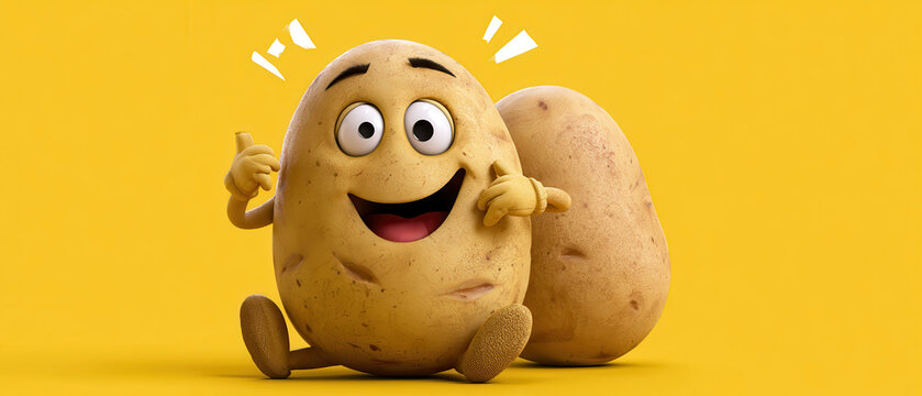 Illustration of a smiling potato cartoon character on a yellow background