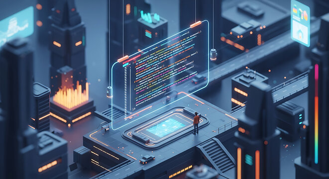 Futuristic city with holographic code interface and digital infrastructure