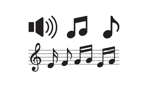 Set of black music notes and sound speaker icon on transparent background with square grid.