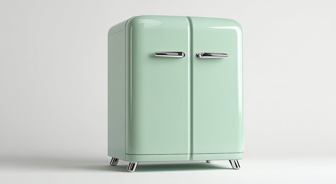 Retro Mint Green Double Door Refrigerator with Chrome Handles.