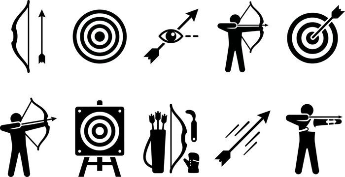 Black silhouette archery icons set with bow and arrow targets