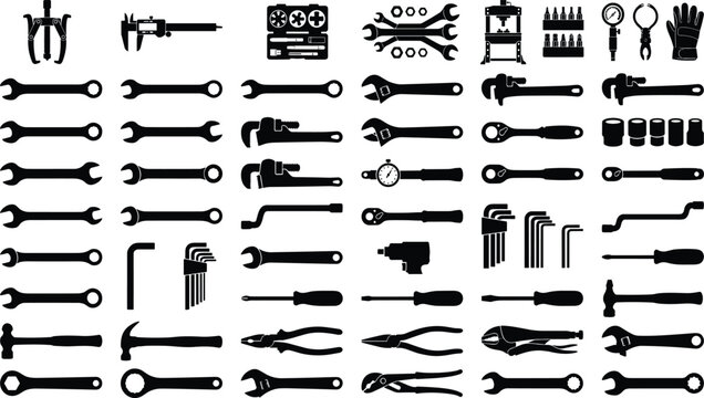 Black Silhouette Mechanic Wrench Spanner Pliers Screwdriver Caliper Allen Key Auto Repair Tool Large Collection Vector Illustration Set