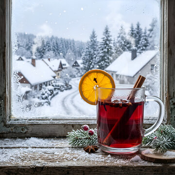 Steaming glass mug of hot mulled wine garnished with an orange slice, star anise, and a cinnamon stick resting on a rustic snowy wooden windowsill, looking out through a frosted window at a winter vil