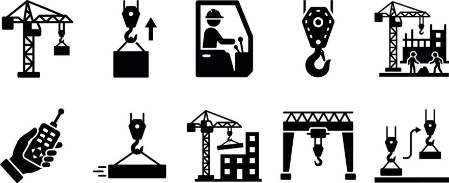 Construction cranes and equipment icons for building and industry uses