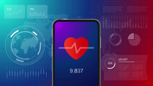 Digital health application on a smartphone screen showing a red heart icon with an electrocardiogram pulse line interface with medical data visualization heart rate monitoring cardiology telehealth
