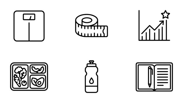 Healthy Lifestyle Icons: Weight Scale, Measuring Tape, Growth Chart, Meal Prep, Water Bottle, Journal