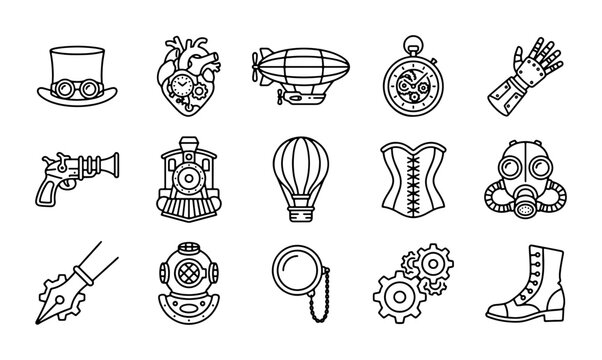 Steampunk Icons Set: Vintage Gear, Victorian Gadgets, Retro Contraptions, Industrial Elements