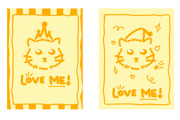 Fototapeta premium Playful Doodle Cats Wearing Hats Yellow Background Love Me Text Graphic