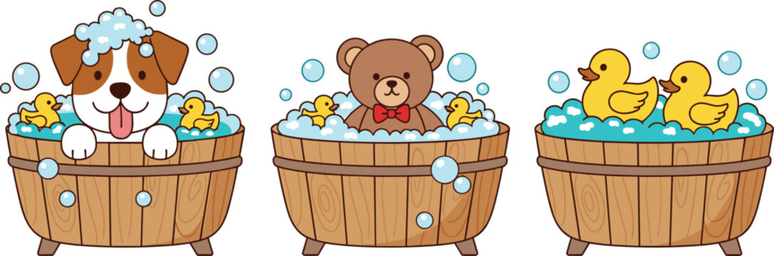 Cute Cartoon Puppy Dog, Teddy Bear, and Rubber Ducks Having a Bubble Bath in Wooden Tubs for Baby Care, Nursery Decor, and Children Prints