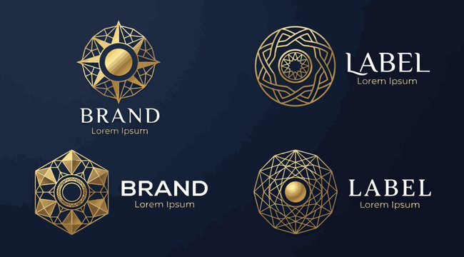 Set of luxury golden circular and hexagonal logos, ornate geometric emblems with intricate patterns on dark blue background