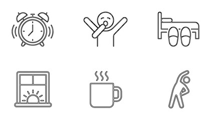 Obraz premium Morning Routine Icons: Alarm Clock, Yawning Person, Bed, Sunrise Window, Coffee Mug, Stretching