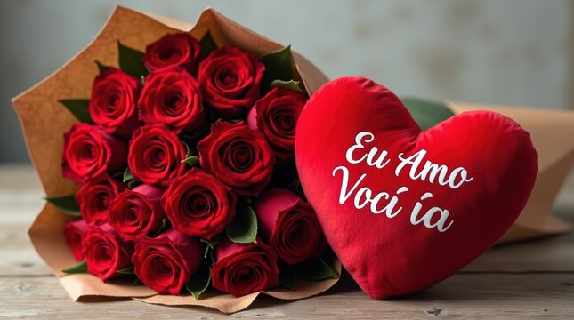 A beautiful bouquet of fresh red roses with a plush heart shaped pillow that says Eu Amo Voce on a wooden surface