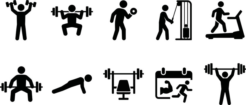 Stick figures exercising with dumbbells and machines in gym  various fitness activities