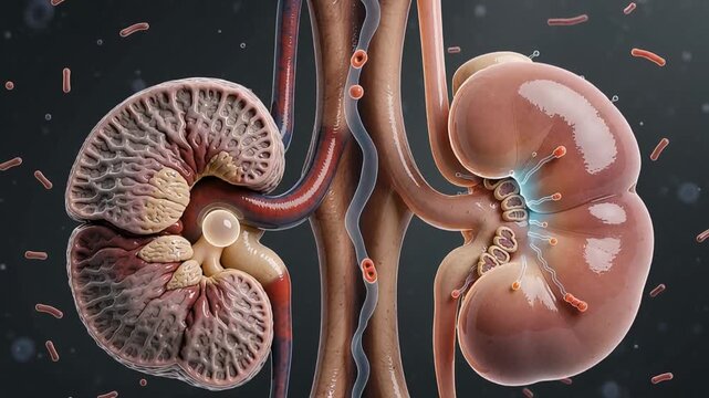 Split screen 3D comparison of a diseased kidney with a large obstructive kidney stone versus a healthy functioning human kidney