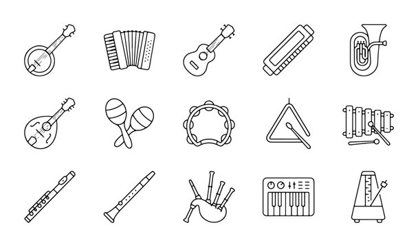 Musical Instruments Collection, Vector Icons Set, Outline Graphics for Music Education and Performance