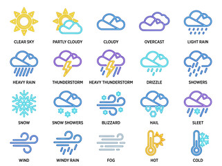 Fototapeta premium Futuristic neon weather icons illustrate various conditions in a modern style pack.