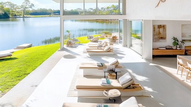 Modern home with lake view and lounge area