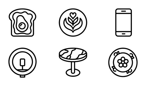 6 Modern Food and Cafe Icons: Avocado Toast, Latte Art, Smartphone, Ring Light, Table, Caviar