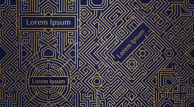 Art deco luxury background with geometric maze pattern and golden lines on dark blue