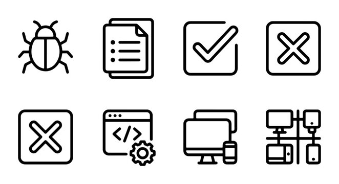Software Development Icons: Bug, Checklist, Approved, Rejected, Code, Devices, Network