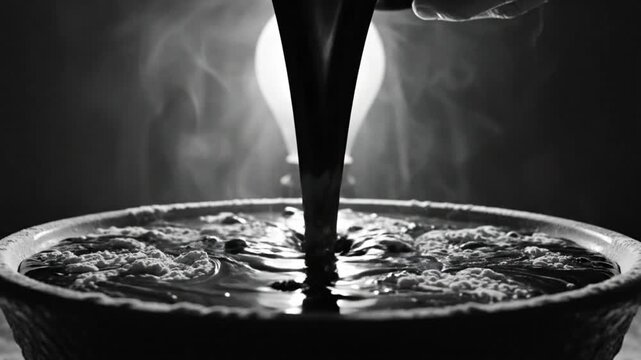 Black and white shot of dark liquid pouring into a bowl of flour with lightbulb in background
