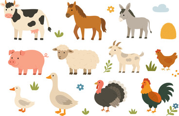 Naklejka premium Farm animals with spring landscape. Cow, horse, donkey, sheep, goat, pig, dogs and cat. Vector illustration in flat cartoon style.