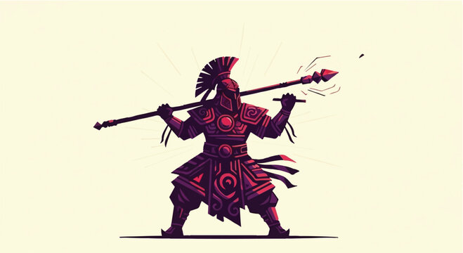 Powerful warrior in ancient armor holding a spear, ready for battle with determination