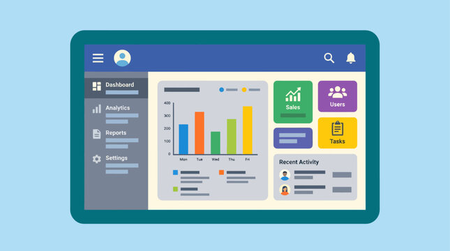 A tablet displaying a colorful infographic dashboard with various charts and graphs.