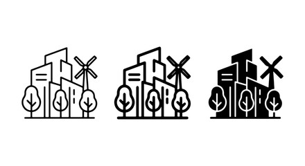 Fototapeta premium Eco City Icons: Sustainable Urban Landscape Vector Graphics, Green Energy Buildings, Modern Architecture Set