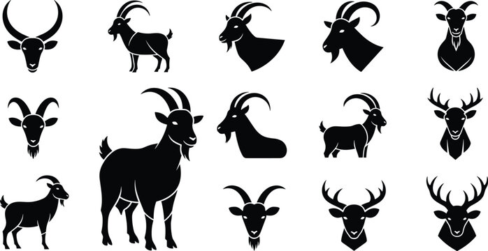 Goat and Deer Silhouette Vector Icon Set Featuring Horned Livestock Rams Ibex and Antlered Bucks for Hunting, Wildlife, and Agriculture Logo Designs