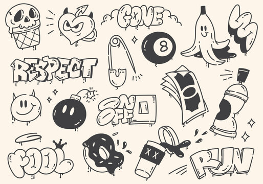 Urban street art graffiti style doodle elements set with random objects.