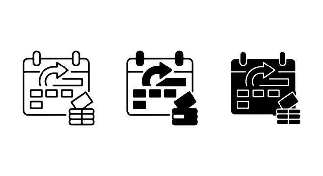 Calendar Icons with Recurring Payment and Stacked Coins, Financial Planning and Budgeting Symbols, Business Transaction Graphics