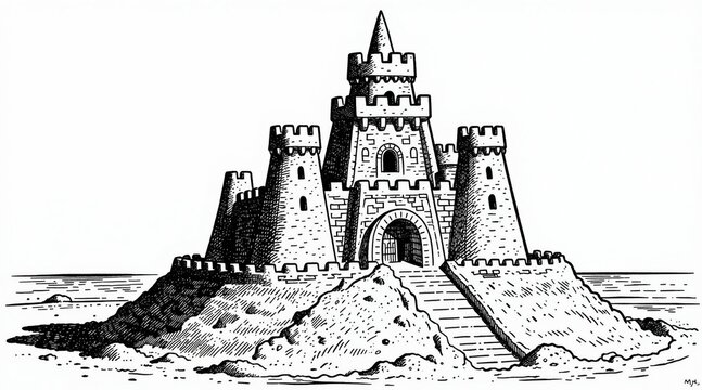 Detailed line art illustration of sand castle on sandy hill near water. Complex fortress design with towers gate and rampart. Monochrome drawing on white background.