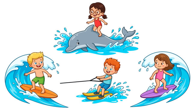 Happy children having fun riding a dolphin surfing and waterskiing in blue ocean water waves